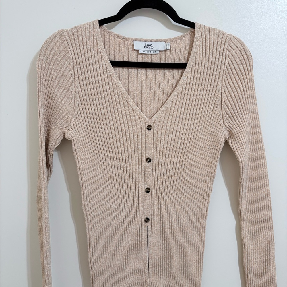 Love Bonito Ribbed V-Neck Button-Up Sweater